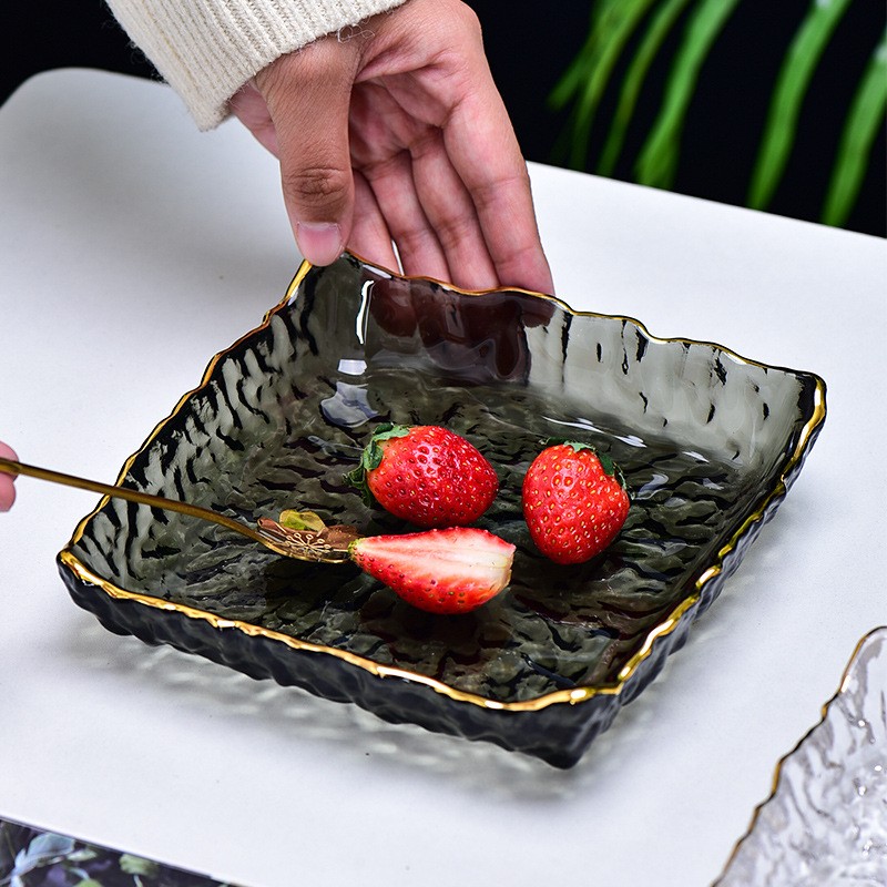 Gold Edge Hammered Square Glass Fruit Bowl